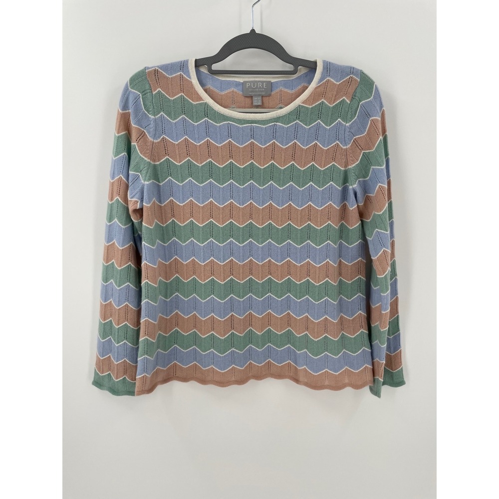 Pure Collection 100% Cashmere Pointelle Stripe Sweater Pastel Crewneck Womens 8